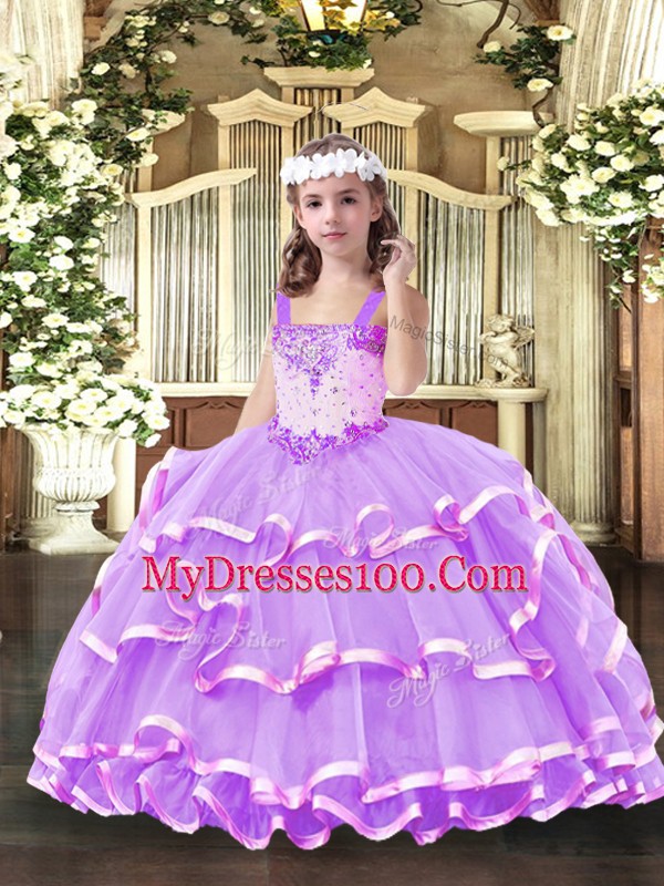 Elegant Lilac Sleeveless Beading and Ruffled Layers Floor Length Little Girls Pageant Dress