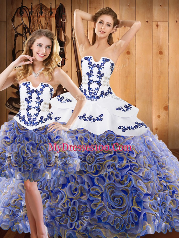 Multi-color Three Pieces Satin and Fabric With Rolling Flowers Strapless Sleeveless Embroidery and Ruffles With Train Lace Up Ball Gown Prom Dress Sweep Train