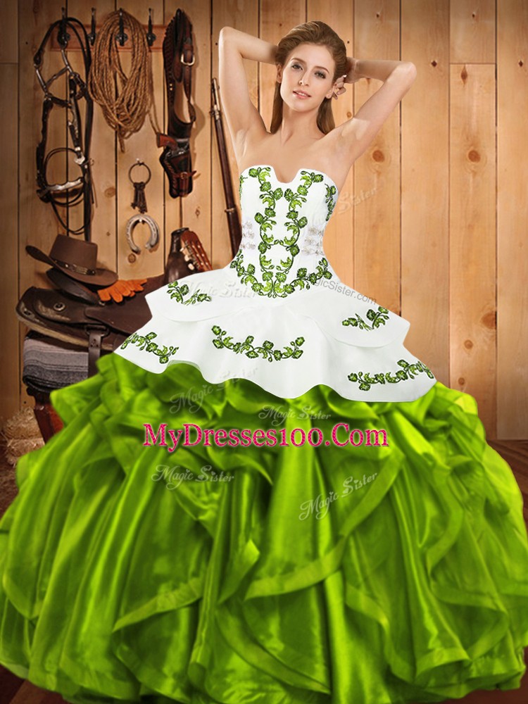 Custom Design Strapless Sleeveless Satin and Organza 15th Birthday Dress Embroidery and Ruffles Lace Up
