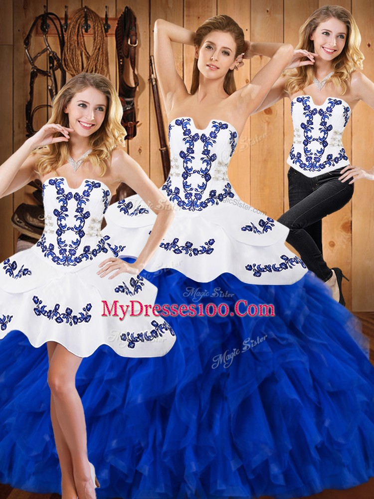 Customized Strapless Sleeveless Satin and Organza Quince Ball Gowns Embroidery and Ruffles Lace Up