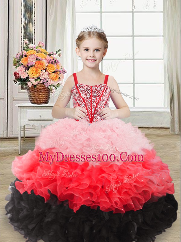 Beading and Ruffles Evening Gowns Multi-color Lace Up Sleeveless Floor Length