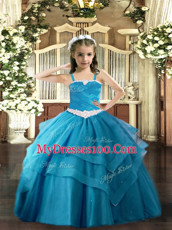 Beautiful Baby Blue Sleeveless Tulle Lace Up Pageant Gowns for Party and Quinceanera