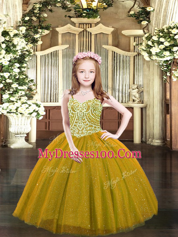 Sleeveless Tulle Floor Length Lace Up Little Girls Pageant Dress Wholesale in Brown with Beading
