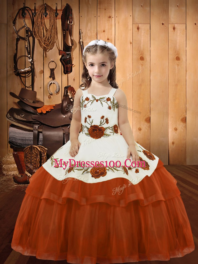New Style Rust Red Straps Lace Up Embroidery and Ruffled Layers Pageant Gowns For Girls Sleeveless