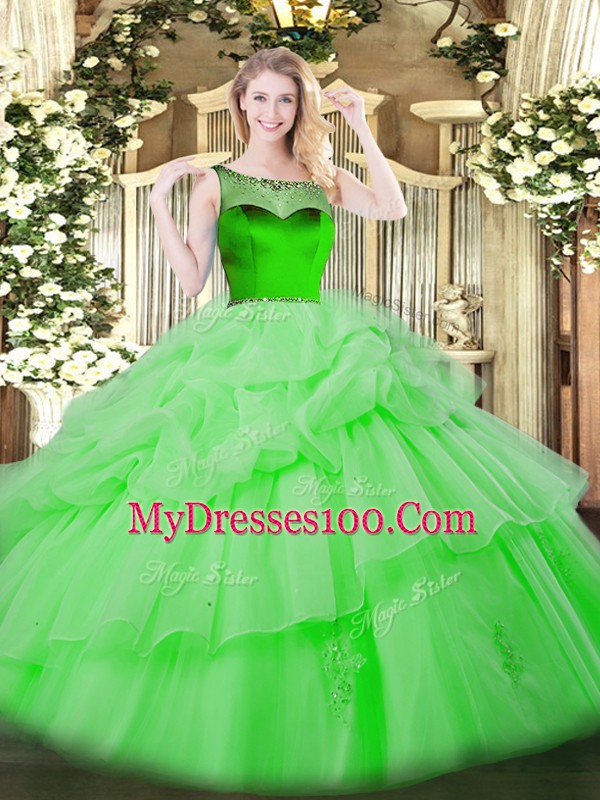 Popular Scoop Sleeveless Organza 15 Quinceanera Dress Beading and Pick Ups Zipper