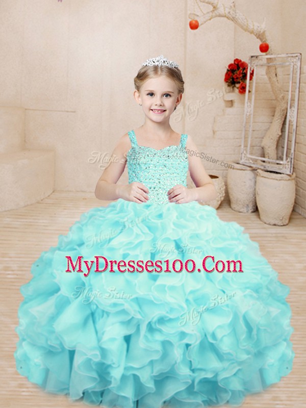 Aqua Blue Straps Lace Up Beading and Ruffles Evening Gowns Sleeveless