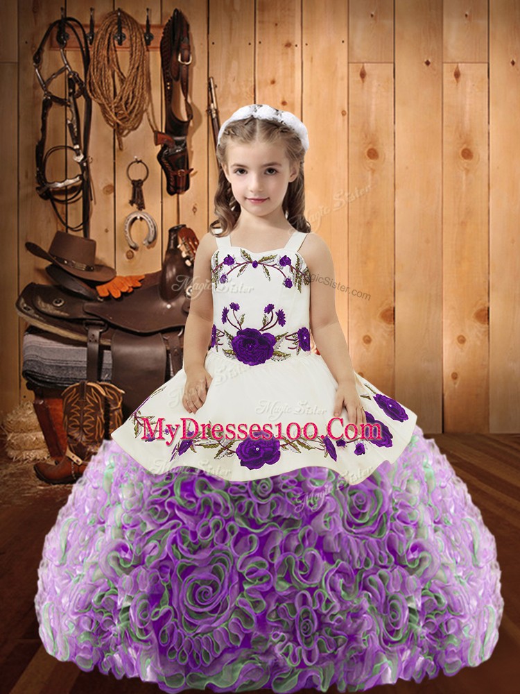 Latest Multi-color Ball Gowns Embroidery and Ruffles Little Girl Pageant Gowns Lace Up Fabric With Rolling Flowers Sleeveless Floor Length