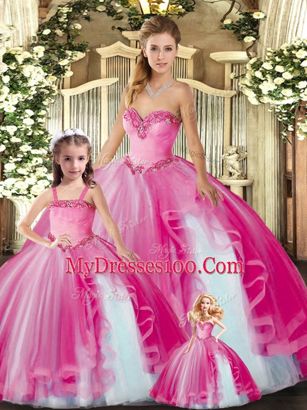 Fuchsia Sleeveless Organza Lace Up Vestidos de Quinceanera for Military Ball and Sweet 16 and Quinceanera