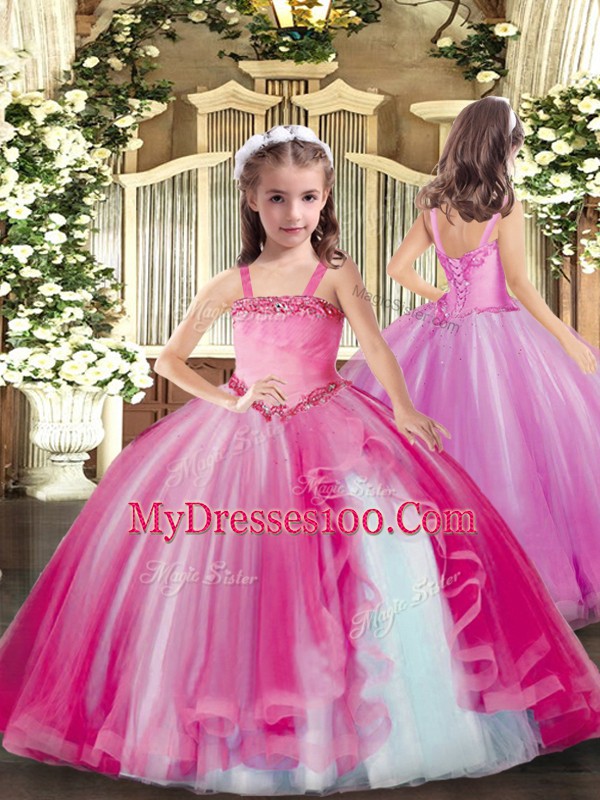 Fuchsia Sleeveless Organza Lace Up Vestidos de Quinceanera for Military Ball and Sweet 16 and Quinceanera