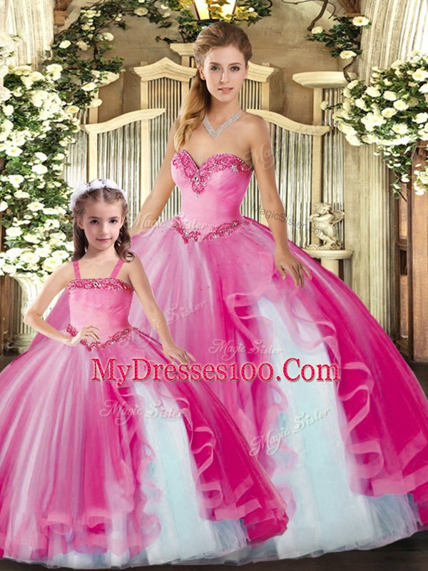 Fuchsia Sleeveless Organza Lace Up Vestidos de Quinceanera for Military Ball and Sweet 16 and Quinceanera