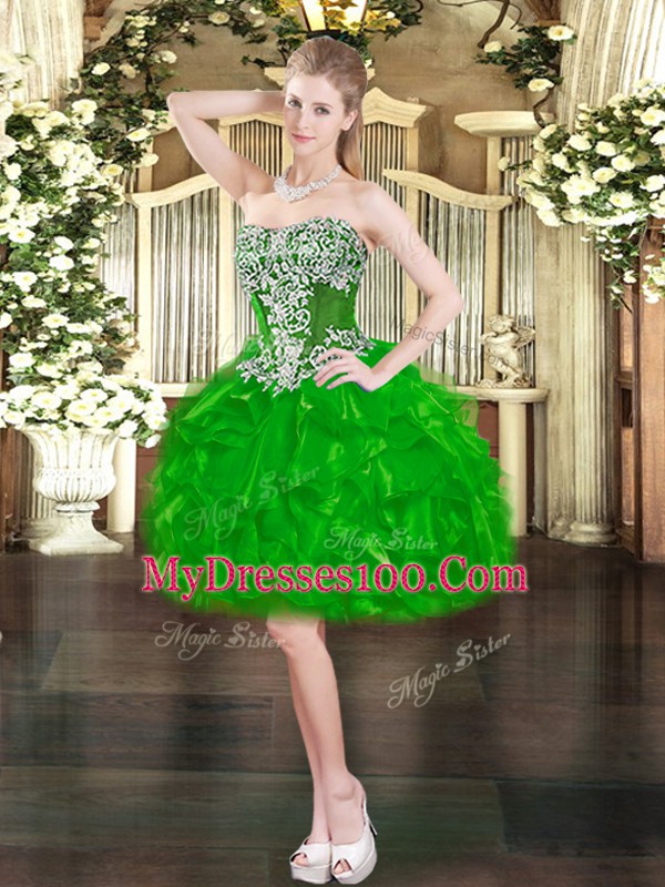 Organza Sweetheart Sleeveless Lace Up Beading and Ruffles Club Wear in Green