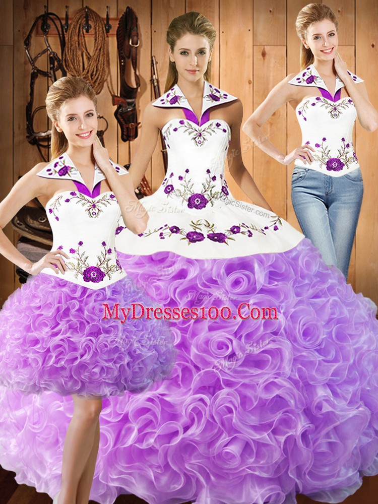 Colorful Halter Top Sleeveless Lace Up 15th Birthday Dress Lilac Fabric With Rolling Flowers