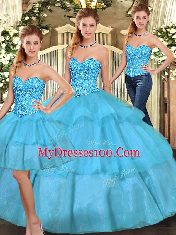 Three Pieces Sweet 16 Dress Aqua Blue Sweetheart Organza Sleeveless Floor Length Lace Up