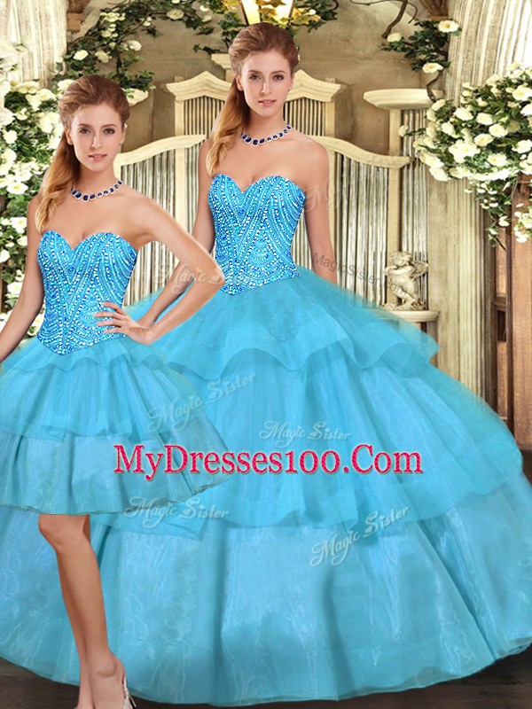 Three Pieces Sweet 16 Dress Aqua Blue Sweetheart Organza Sleeveless Floor Length Lace Up
