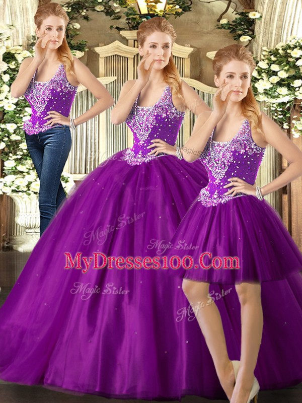 Tulle Sleeveless Floor Length Ball Gown Prom Dress and Beading