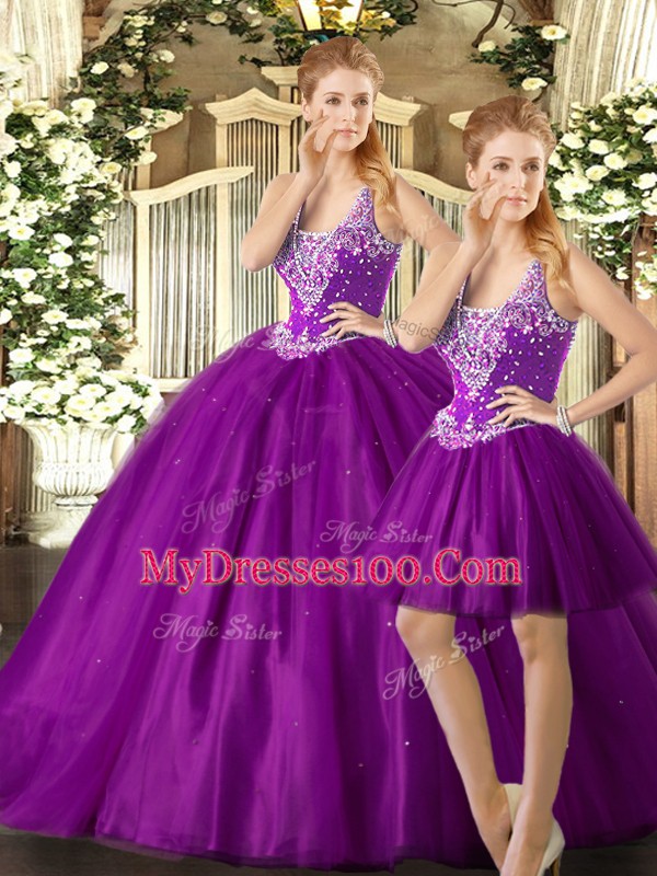 Tulle Sleeveless Floor Length Ball Gown Prom Dress and Beading