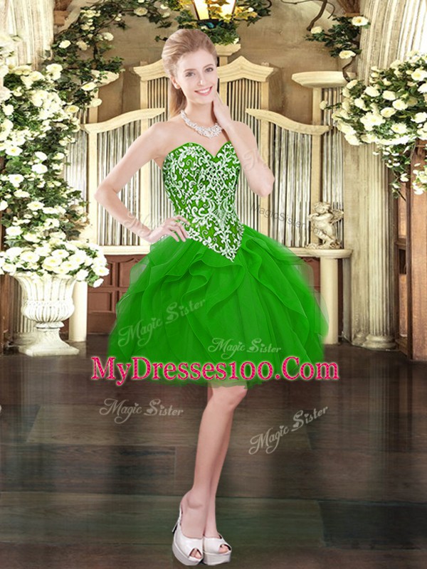 Tulle Sweetheart Sleeveless Lace Up Beading and Ruffles in Green