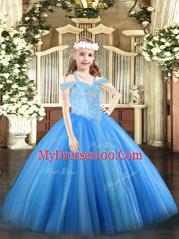 Low Price Baby Blue Lace Up Pageant Gowns For Girls Beading Sleeveless Floor Length