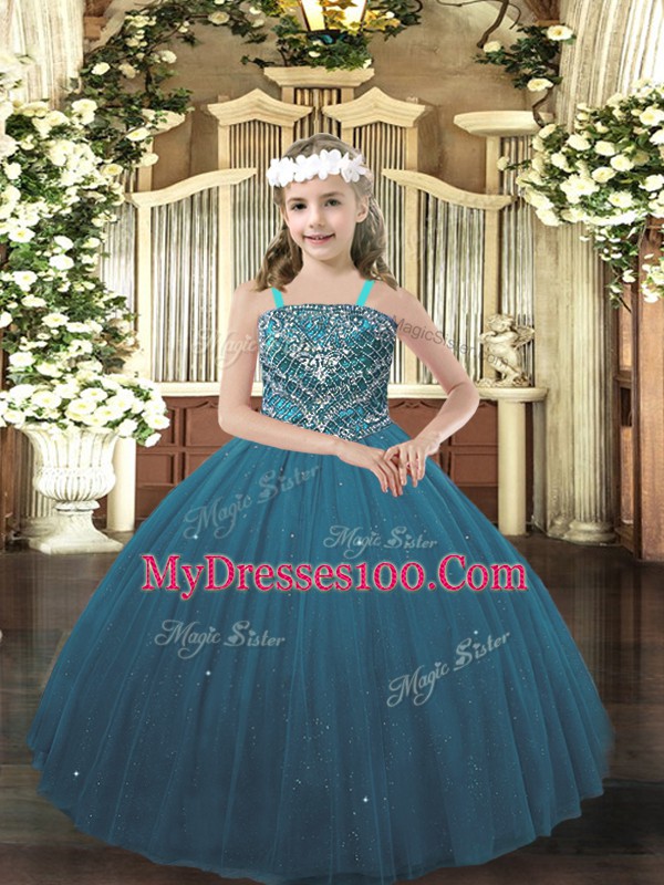 Trendy Teal Straps Neckline Beading Little Girl Pageant Dress Sleeveless Lace Up