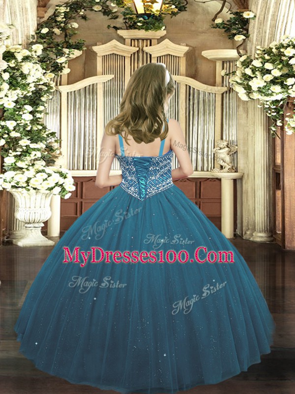 Trendy Teal Straps Neckline Beading Little Girl Pageant Dress Sleeveless Lace Up