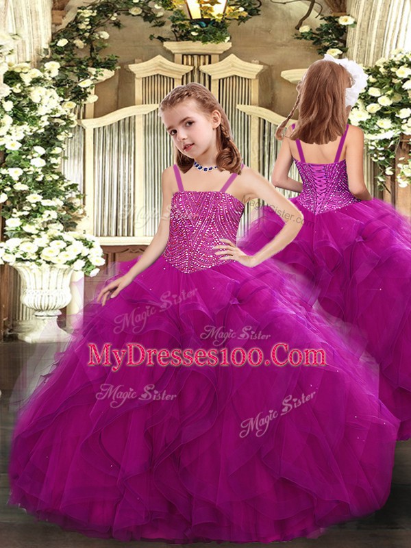 Floor Length Fuchsia Little Girls Pageant Dress Tulle Sleeveless Beading and Ruffles