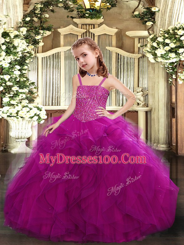 Floor Length Fuchsia Little Girls Pageant Dress Tulle Sleeveless Beading and Ruffles