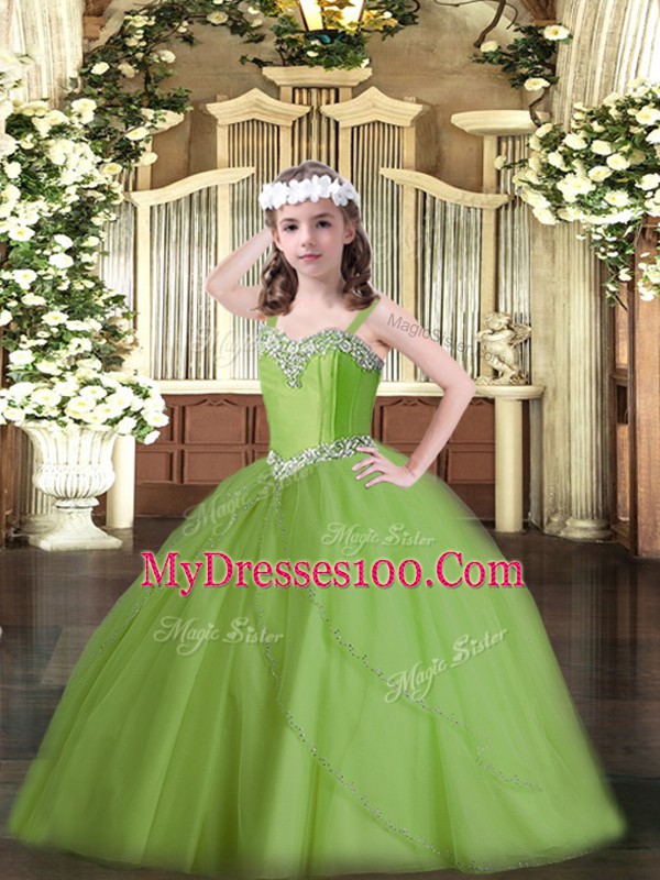 Dramatic Pageant Gowns For Girls Party and Quinceanera and Wedding Party with Beading Straps Sleeveless Sweep Train Lace Up