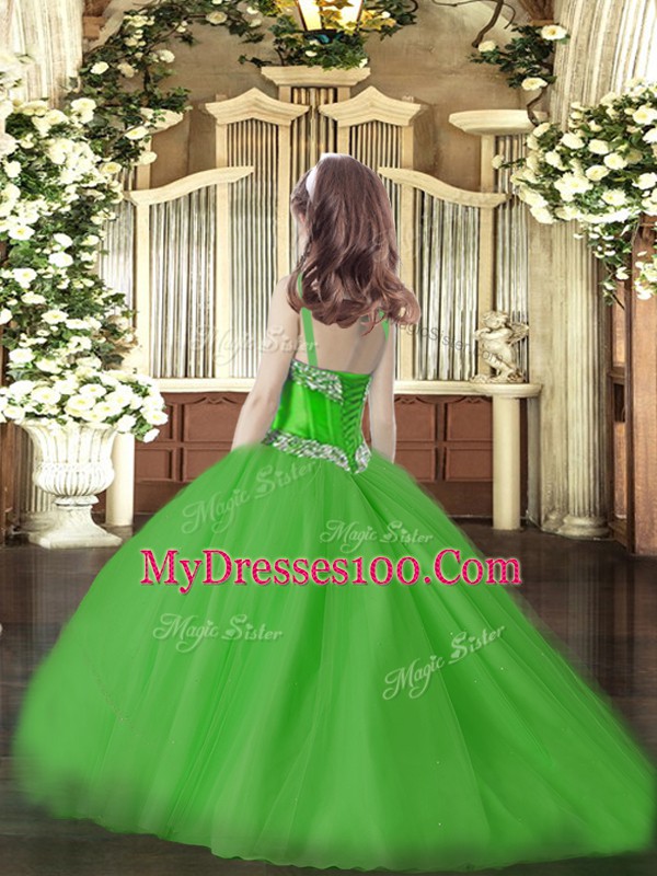 Dramatic Pageant Gowns For Girls Party and Quinceanera and Wedding Party with Beading Straps Sleeveless Sweep Train Lace Up