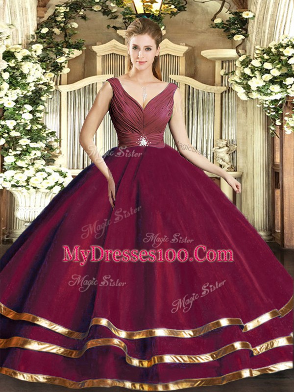 Floor Length Burgundy Vestidos de Quinceanera V-neck Sleeveless Backless