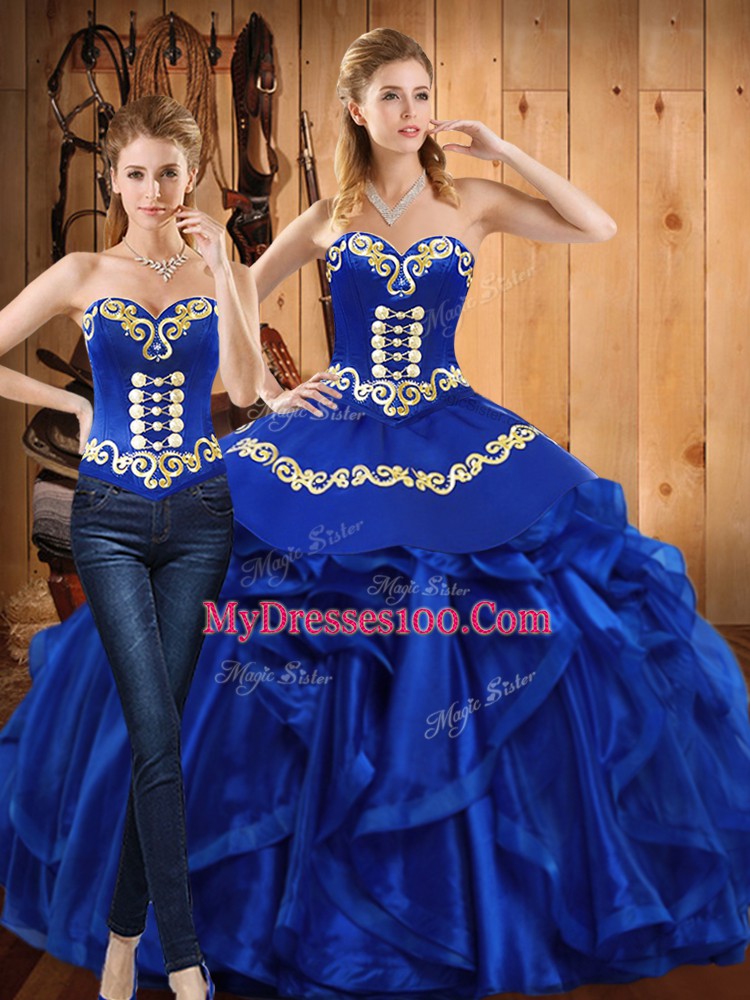 Admirable Royal Blue Quinceanera Dresses Military Ball and Sweet 16 and Quinceanera with Embroidery and Ruffles Sweetheart Sleeveless Lace Up