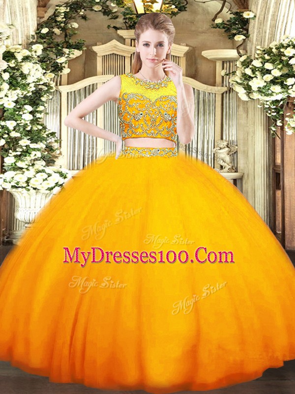 Floor Length Two Pieces Sleeveless Orange Quinceanera Dress Zipper