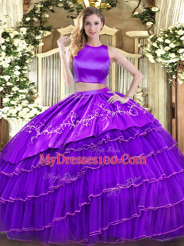 Latest Embroidery and Ruffled Layers Quinceanera Gown Purple Criss Cross Sleeveless Floor Length