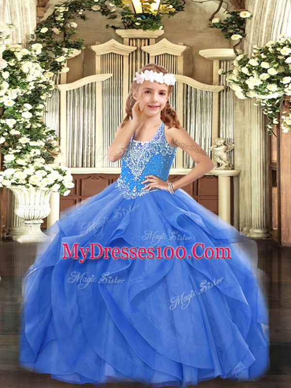 High Quality V-neck Sleeveless Lace Up Pageant Dresses Blue Tulle