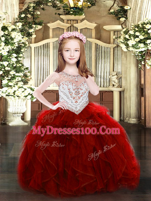 Ball Gowns Little Girls Pageant Dress Wholesale Wine Red Scoop Organza Sleeveless Floor Length Zipper