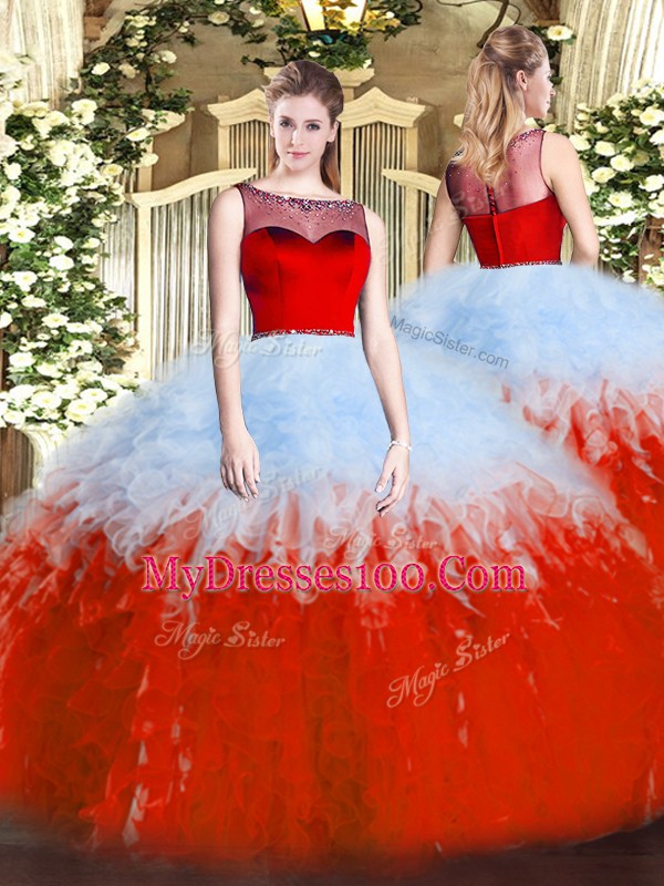 High Quality White And Red Sleeveless Tulle Zipper Quinceanera Gowns for Sweet 16 and Quinceanera