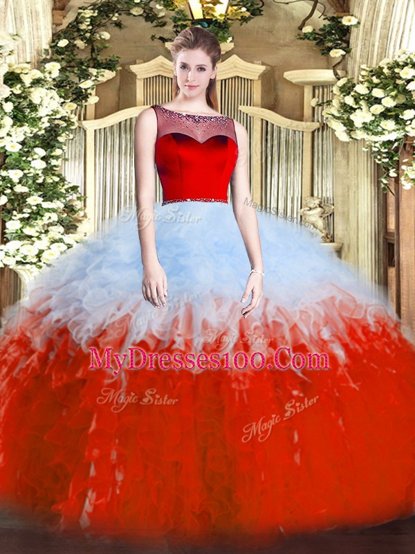 High Quality White And Red Sleeveless Tulle Zipper Quinceanera Gowns for Sweet 16 and Quinceanera