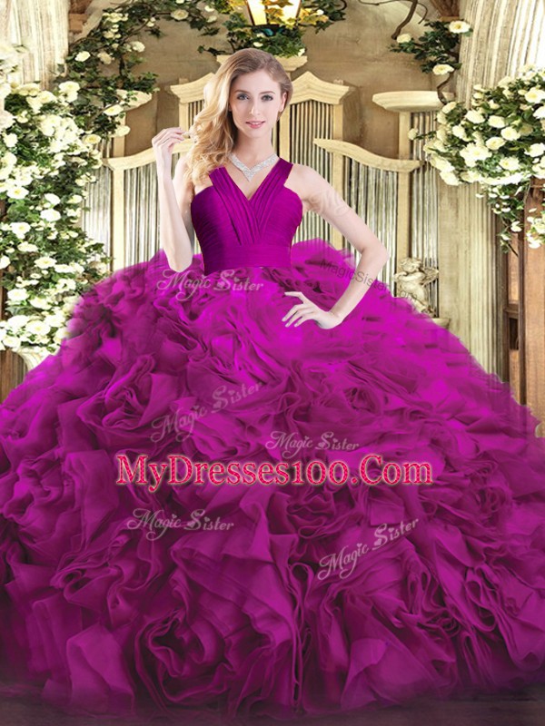 Inexpensive Fuchsia Ball Gowns Ruffles Quinceanera Dress Zipper Organza and Fabric With Rolling Flowers Sleeveless Floor Length