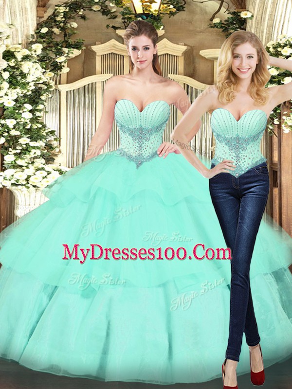 Beautiful Sweetheart Sleeveless Quinceanera Gown Floor Length Beading and Ruffled Layers Apple Green Organza