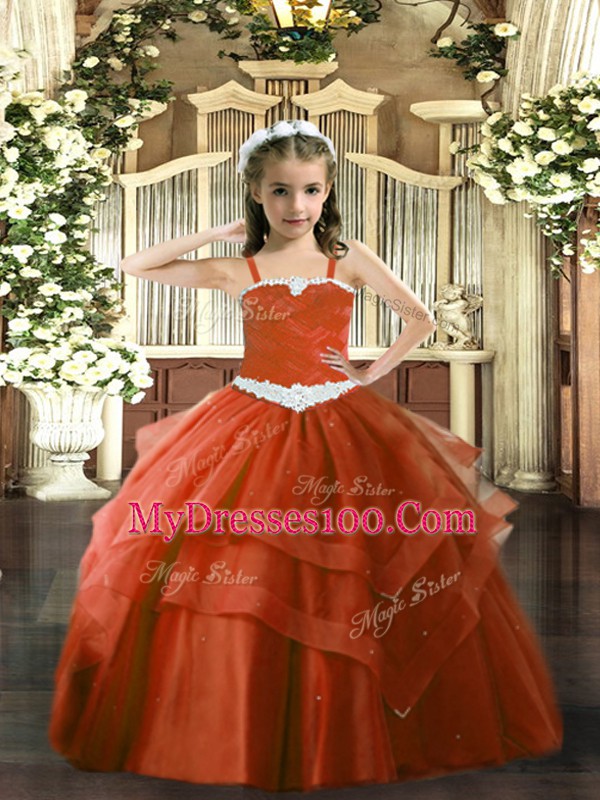Custom Design Rust Red Lace Up Little Girls Pageant Dress Appliques and Ruffled Layers Sleeveless Floor Length
