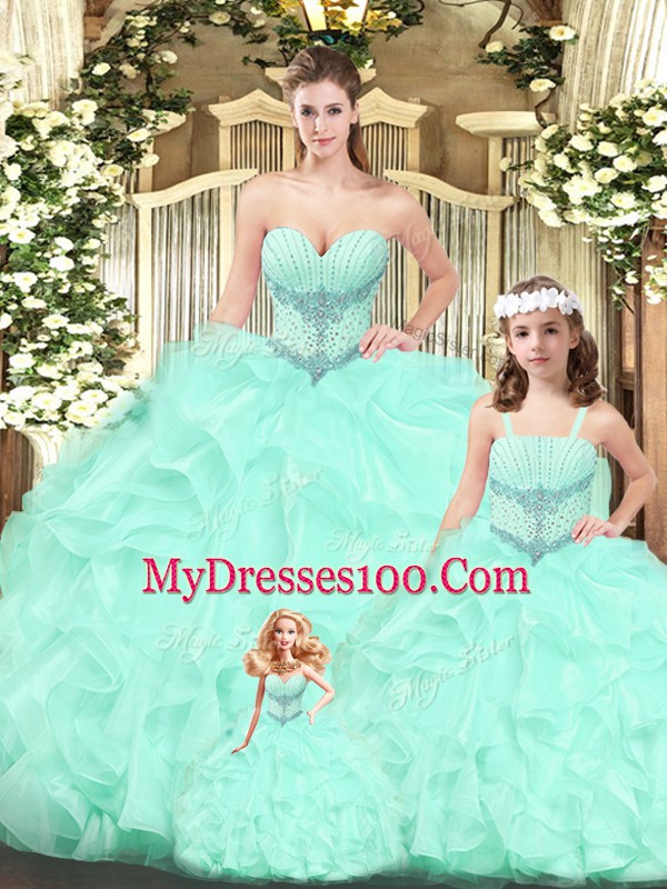 Free and Easy Sweetheart Sleeveless Sweet 16 Dresses Floor Length Beading and Ruffles Aqua Blue Tulle