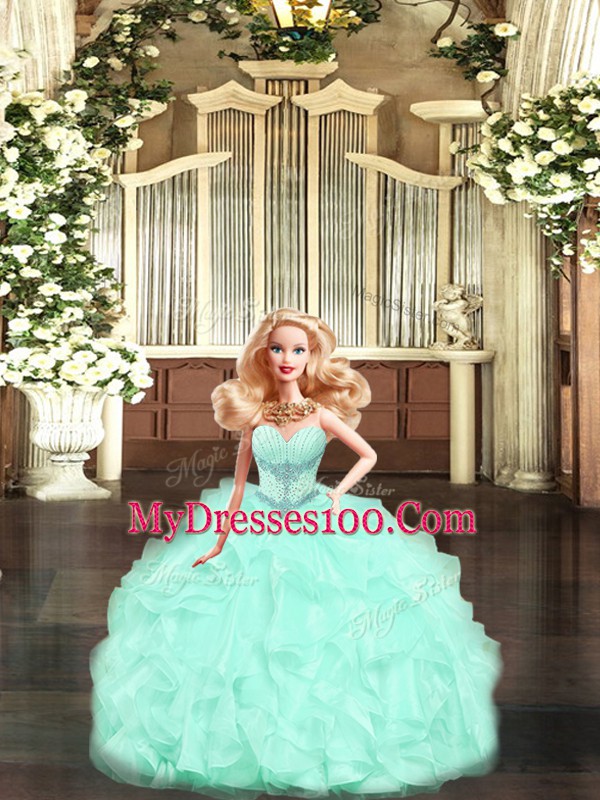 Free and Easy Sweetheart Sleeveless Sweet 16 Dresses Floor Length Beading and Ruffles Aqua Blue Tulle