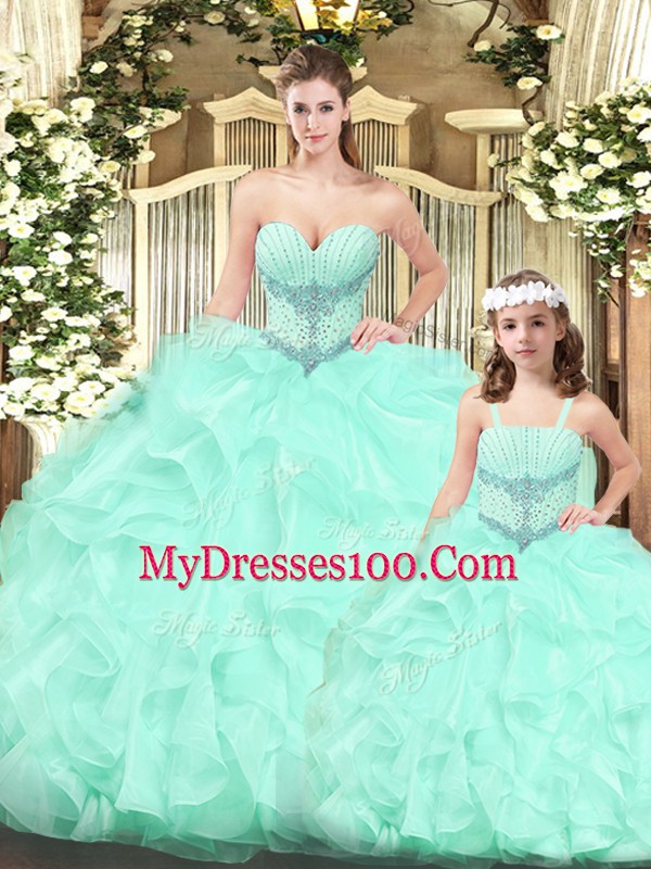 Free and Easy Sweetheart Sleeveless Sweet 16 Dresses Floor Length Beading and Ruffles Aqua Blue Tulle
