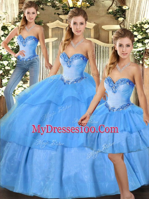 Attractive Ball Gowns Sweet 16 Dresses Baby Blue Sweetheart Organza Sleeveless Floor Length Lace Up