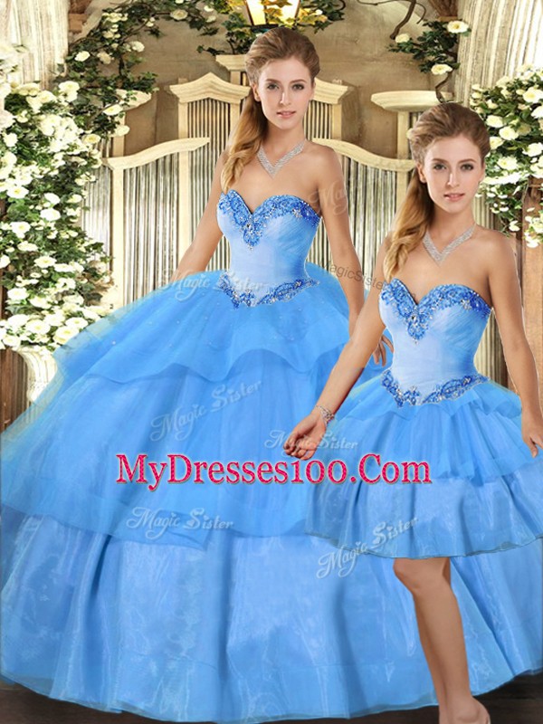 Attractive Ball Gowns Sweet 16 Dresses Baby Blue Sweetheart Organza Sleeveless Floor Length Lace Up