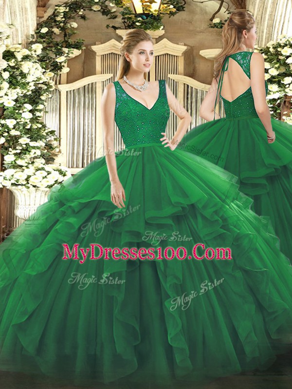 Dark Green Backless V-neck Beading and Lace and Ruffles Sweet 16 Dress Organza Sleeveless