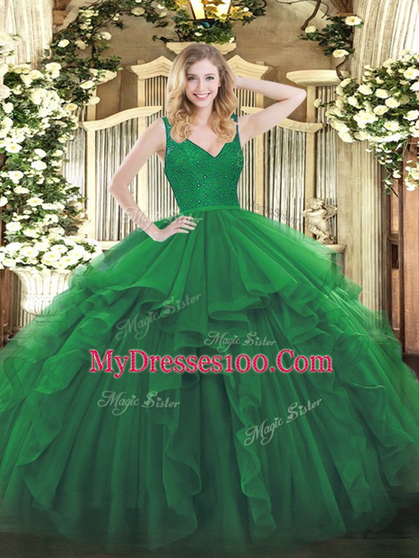 Dark Green Backless V-neck Beading and Lace and Ruffles Sweet 16 Dress Organza Sleeveless