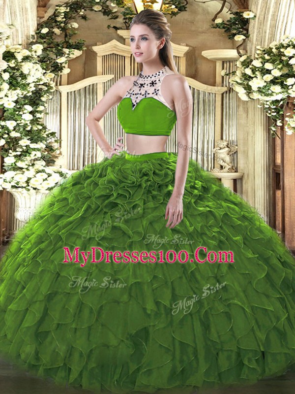 Floor Length Backless Quinceanera Dress Dark Green for Military Ball and Sweet 16 and Quinceanera with Beading and Ruffles