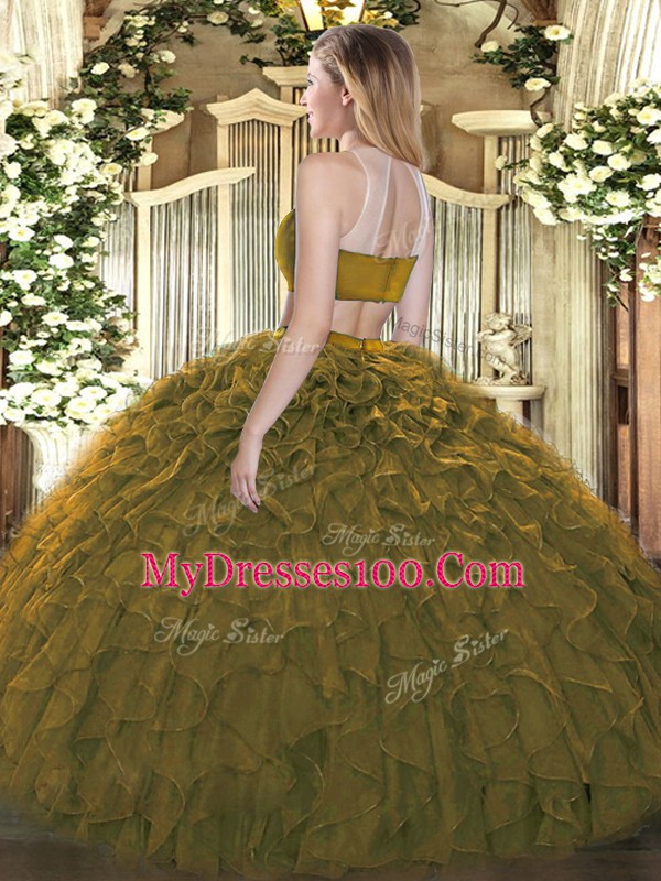 Floor Length Backless Quinceanera Dress Dark Green for Military Ball and Sweet 16 and Quinceanera with Beading and Ruffles