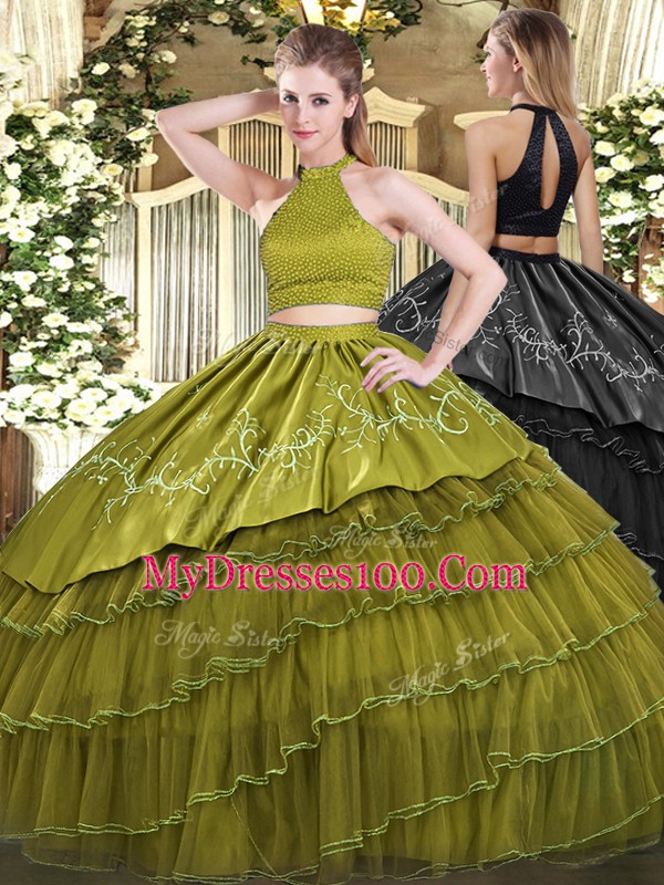 Custom Designed Ball Gowns Vestidos de Quinceanera Olive Green Halter Top Organza Sleeveless Floor Length Backless