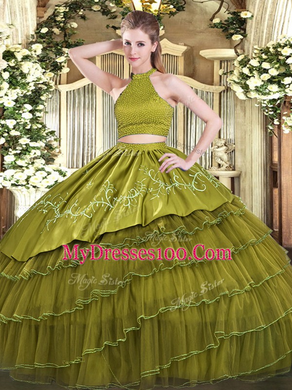Custom Designed Ball Gowns Vestidos de Quinceanera Olive Green Halter Top Organza Sleeveless Floor Length Backless
